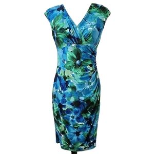 Ralph Lauren Blue and Green Sheath Dress V-Neck Cap Sleeve Midi